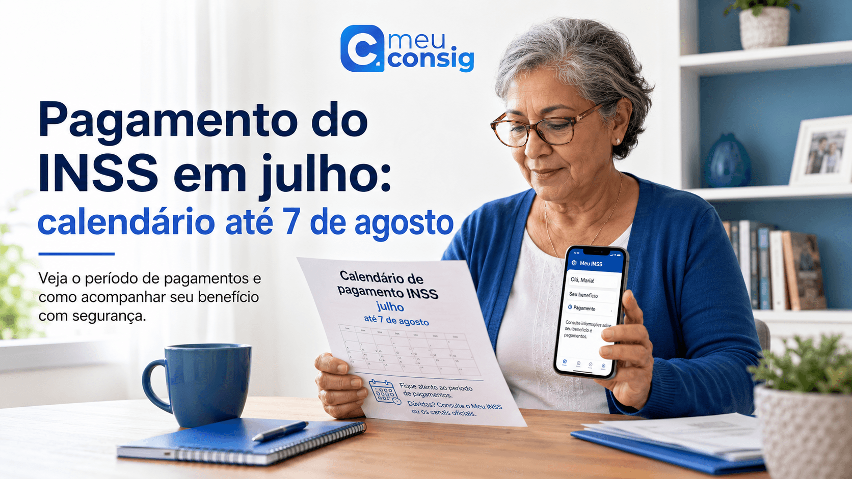 Aposentada consultando no celular o calendário de pagamentos do INSS de julho de 2026