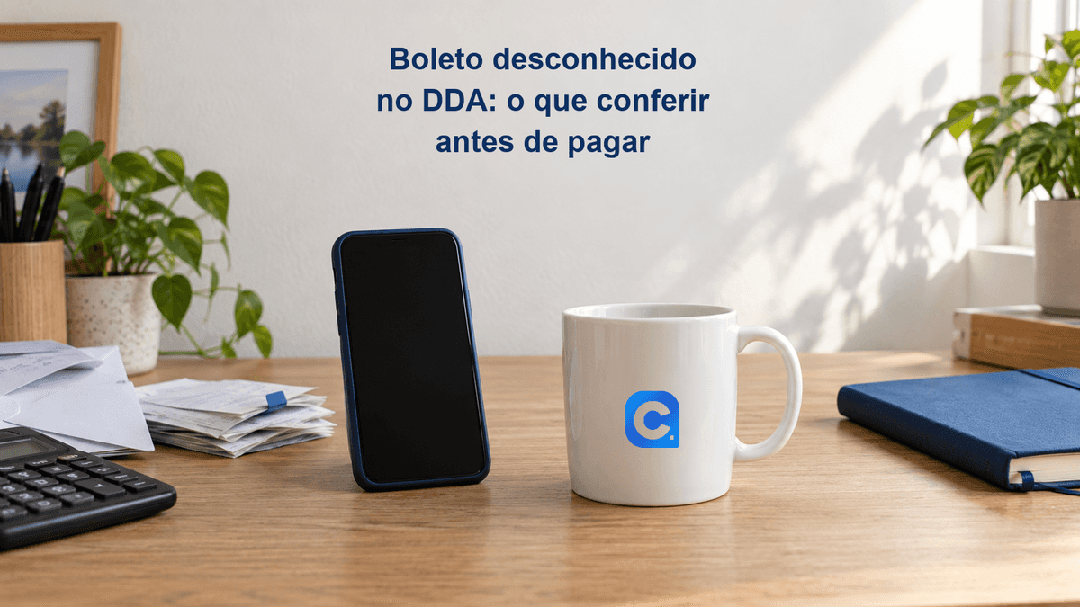 Celular e comprovantes usados na conferência de boleto; símbolo oficial do Meu Consig em caneca branca.
