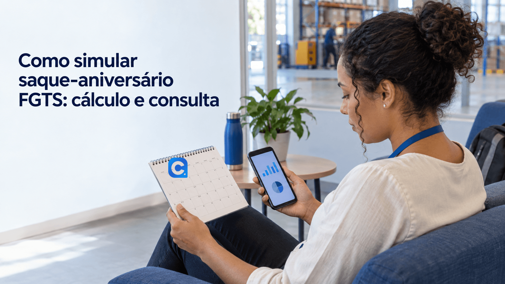 Trabalhadora consulta calendario e celular; o simbolo do Meu Consig aparece no calendario.