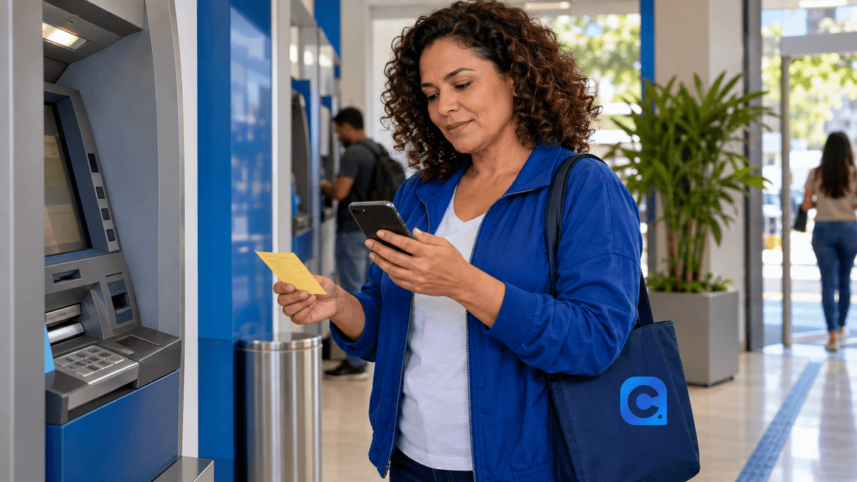 Mulher consulta celular diante de terminal de autoatendimento antes de escolher saque ou transferência