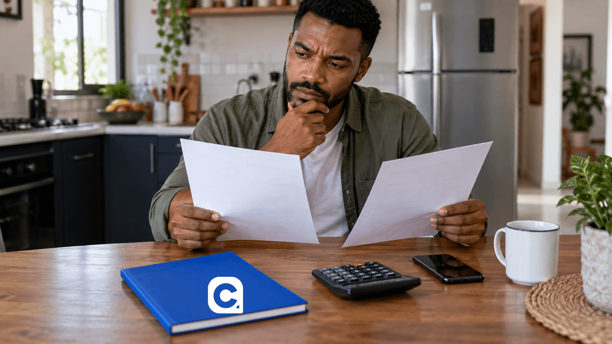 Trabalhador compara proposta de consignado CLT e crédito pessoal ao lado de caderno azul Meu Consig.