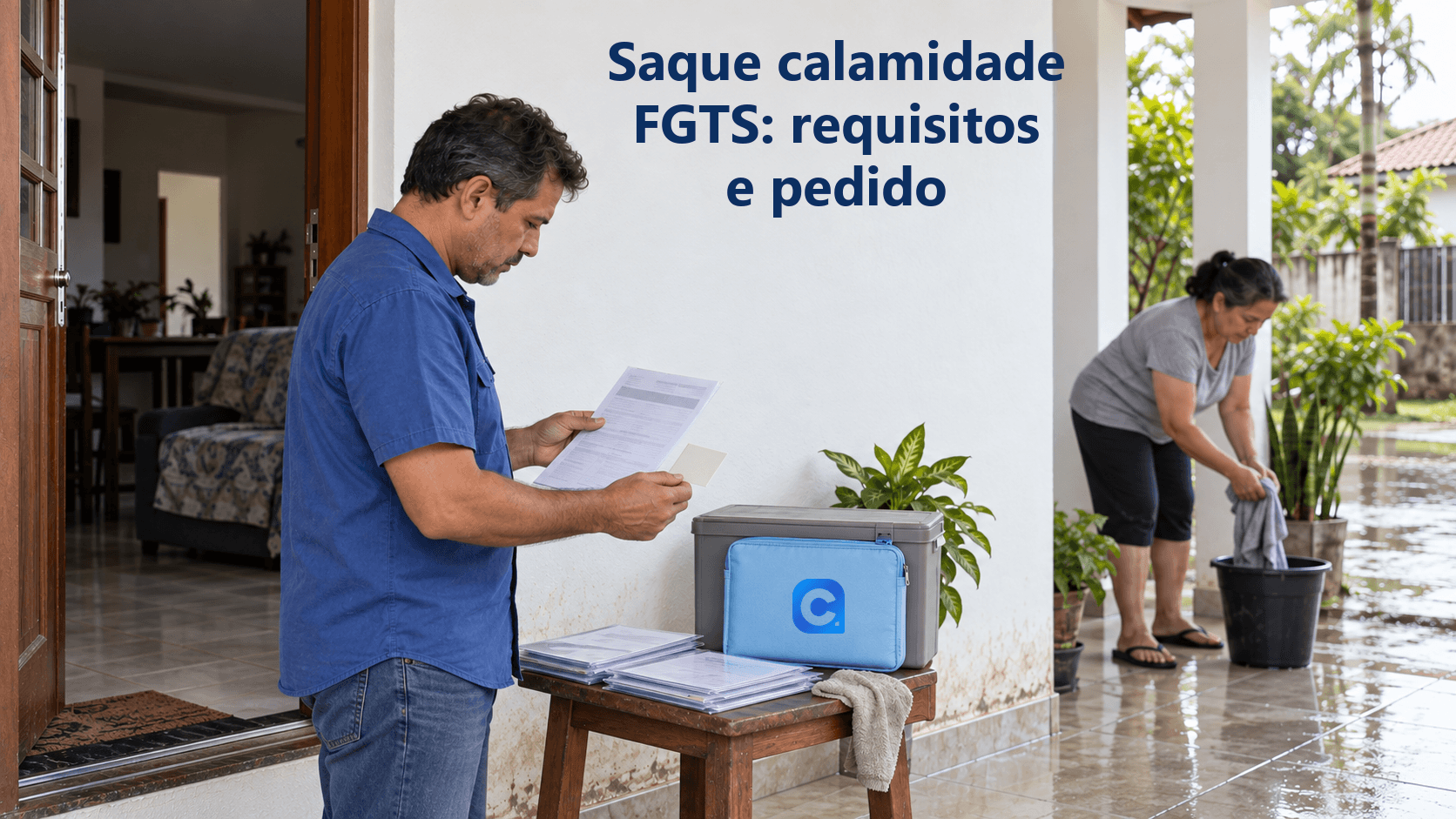 Morador organiza documentos protegidos em varanda após alagamento, junto a estojo azul com símbolo oficial do Meu Consig; ao fundo, uma mulher recolhe panos de limpeza sobre piso molhado.