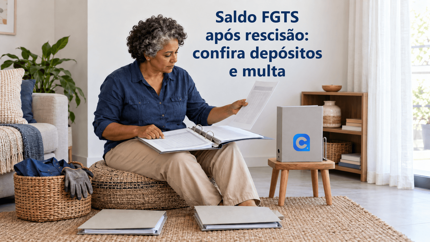 Mulher compara uma folha com os registros de um fichário em casa, com pastas separadas por vínculo e material de trabalho guardado; símbolo Meu Consig na pasta cinza apoiada em banco.