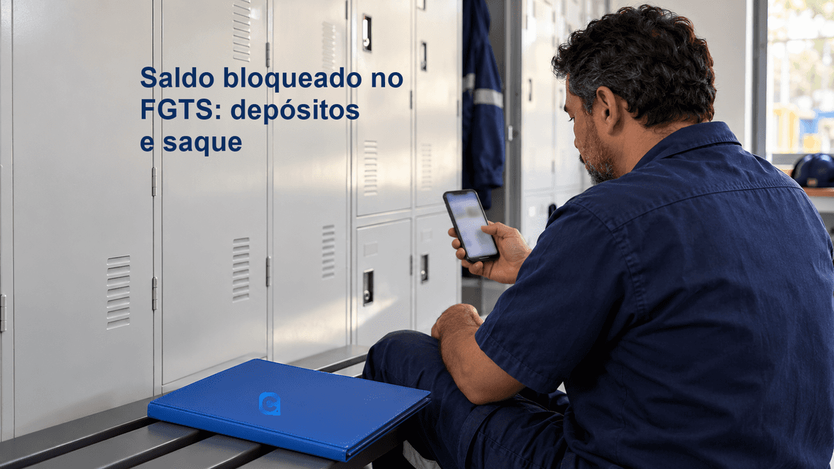 Trabalhador de logística consulta o celular em frente a armários do local de trabalho, com pasta azul em primeiro plano.