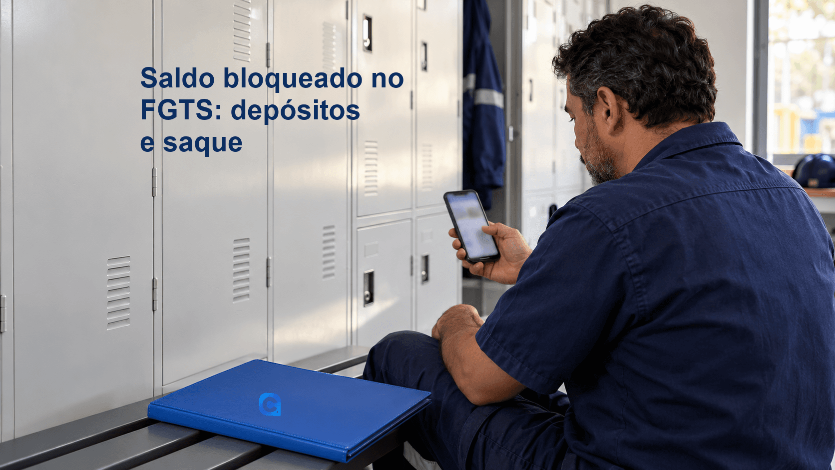 Trabalhador de logística consulta o celular em frente a armários do local de trabalho, com pasta azul em primeiro plano.