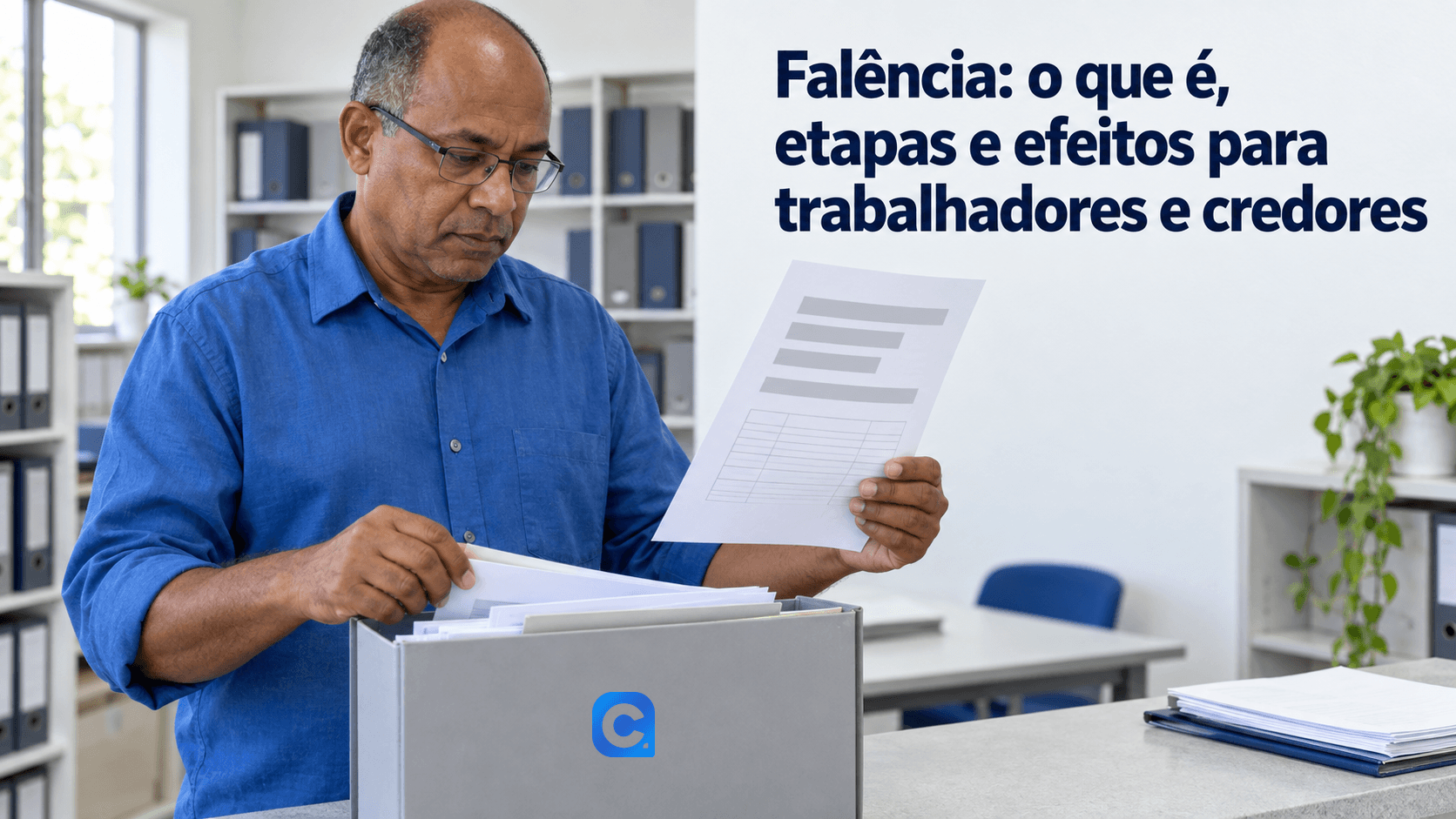 Homem de camisa azul confere aviso sem dados e organiza documentos em pasta cinza com símbolo Meu Consig.